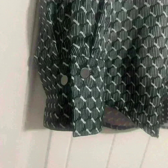 Etcetera Top Collar V Neck Shirt Long Slv Black White Silver Side Slits Sz 2 - Picture 5 of 6